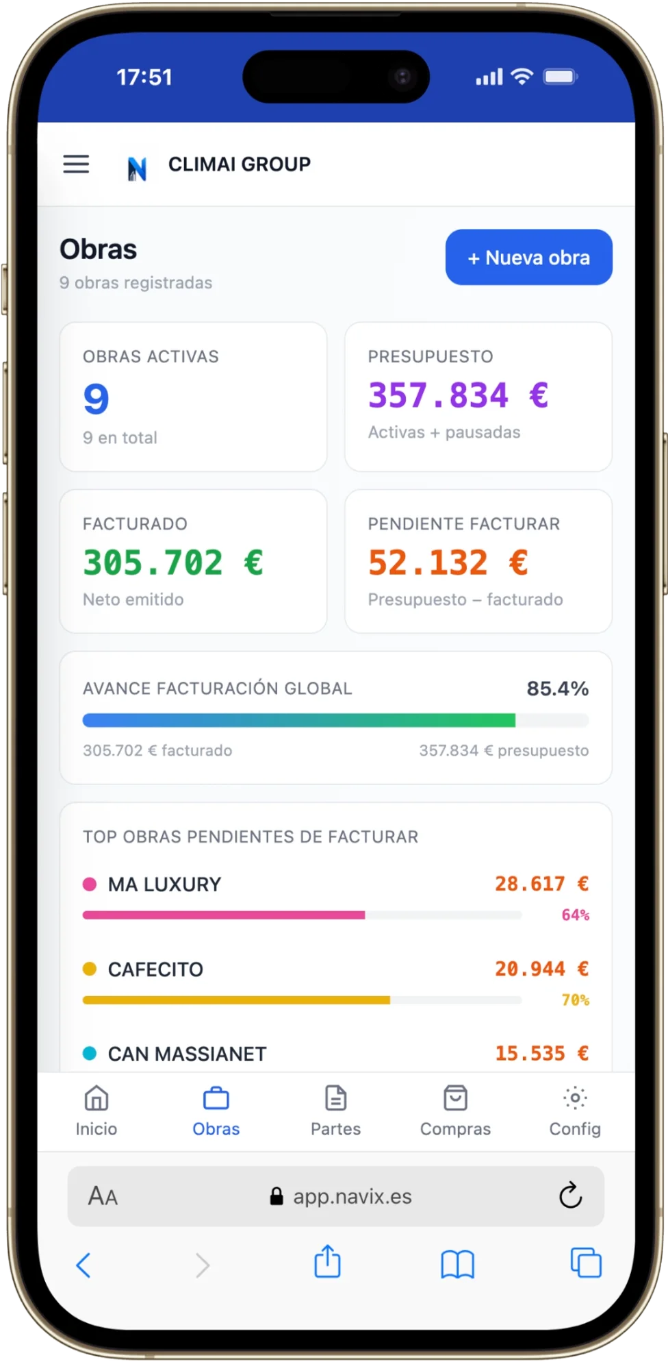 Cuánto has presupuestado, cuánto has facturado, cuánto queda — en el móvil